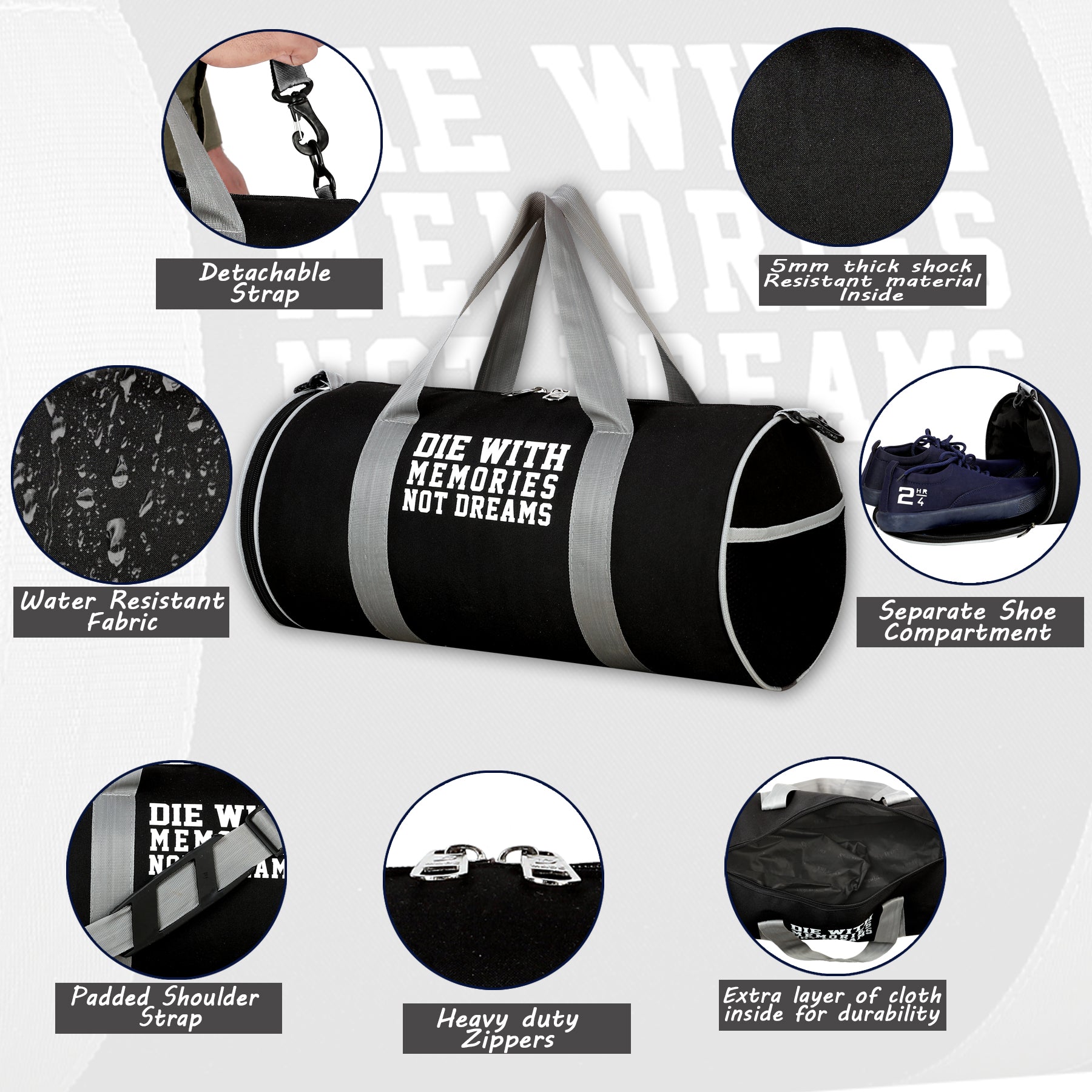 DMADE Black Sleek Gym Bag with Motivational Quotes & Separate Shoe Compartment