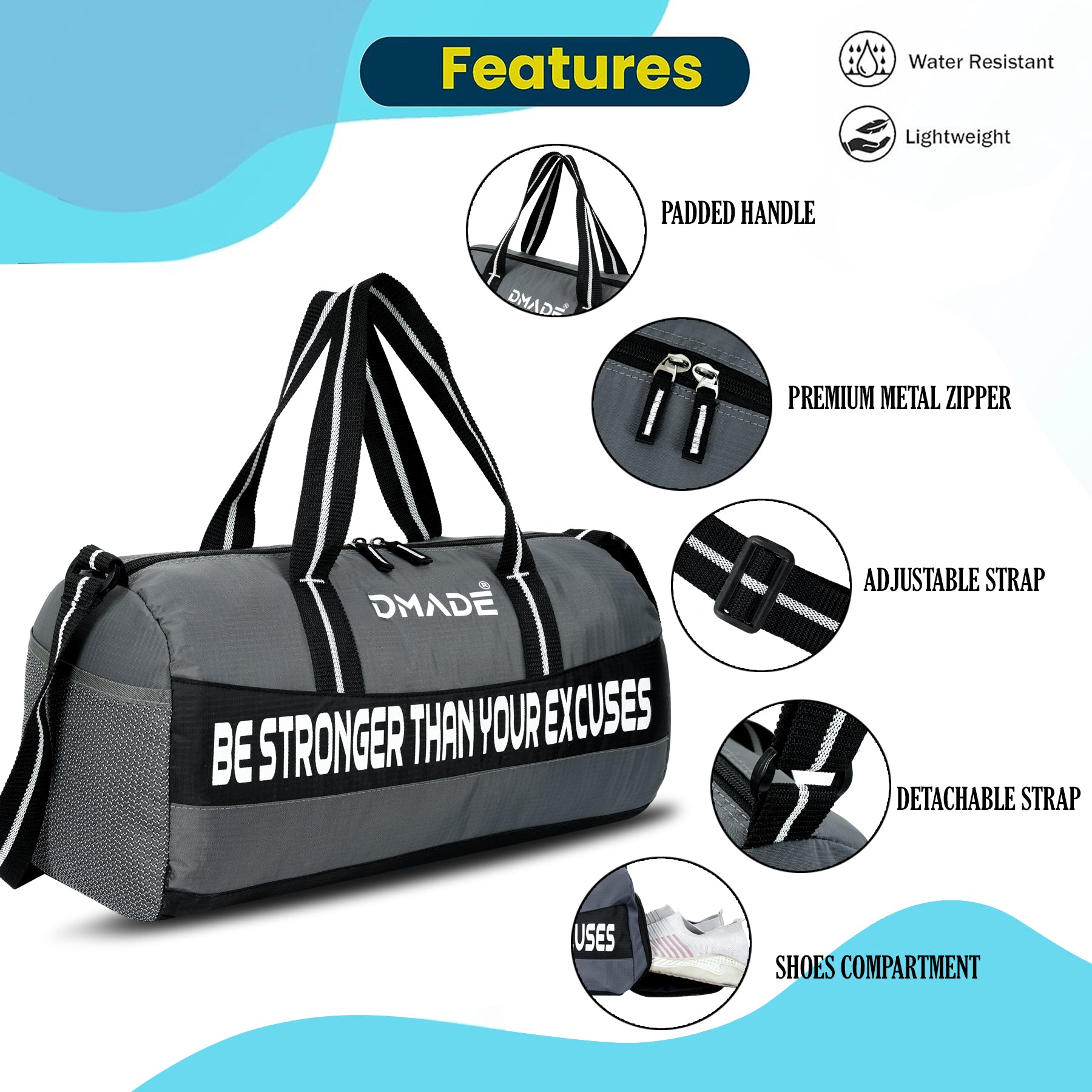 DMADE Grey and Black Fitness Duffel Bag with Shoe Storage & Motivational Print for Men & Women