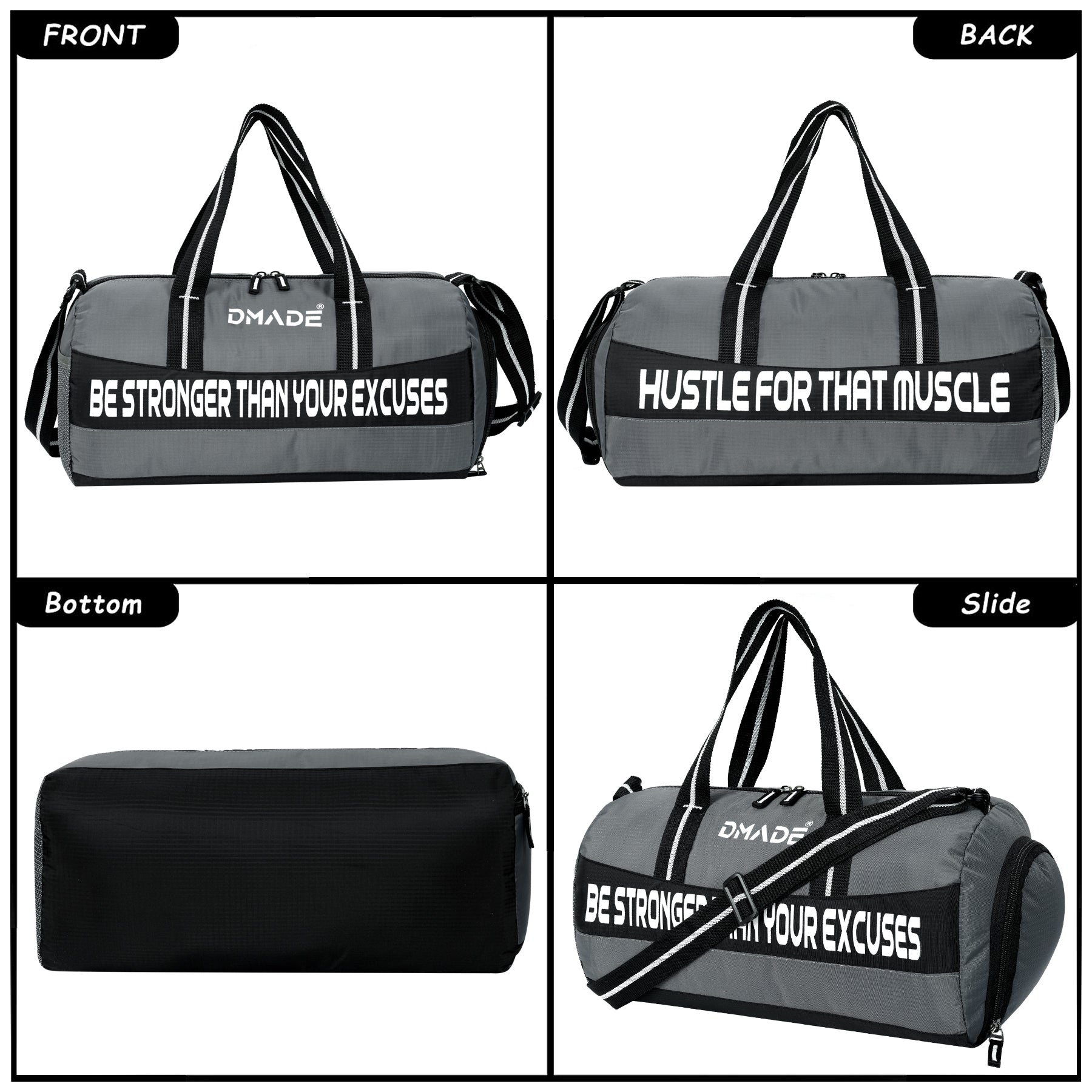 DMADE Grey and Black Fitness Duffel Bag with Shoe Storage & Motivational Print for Men & Women