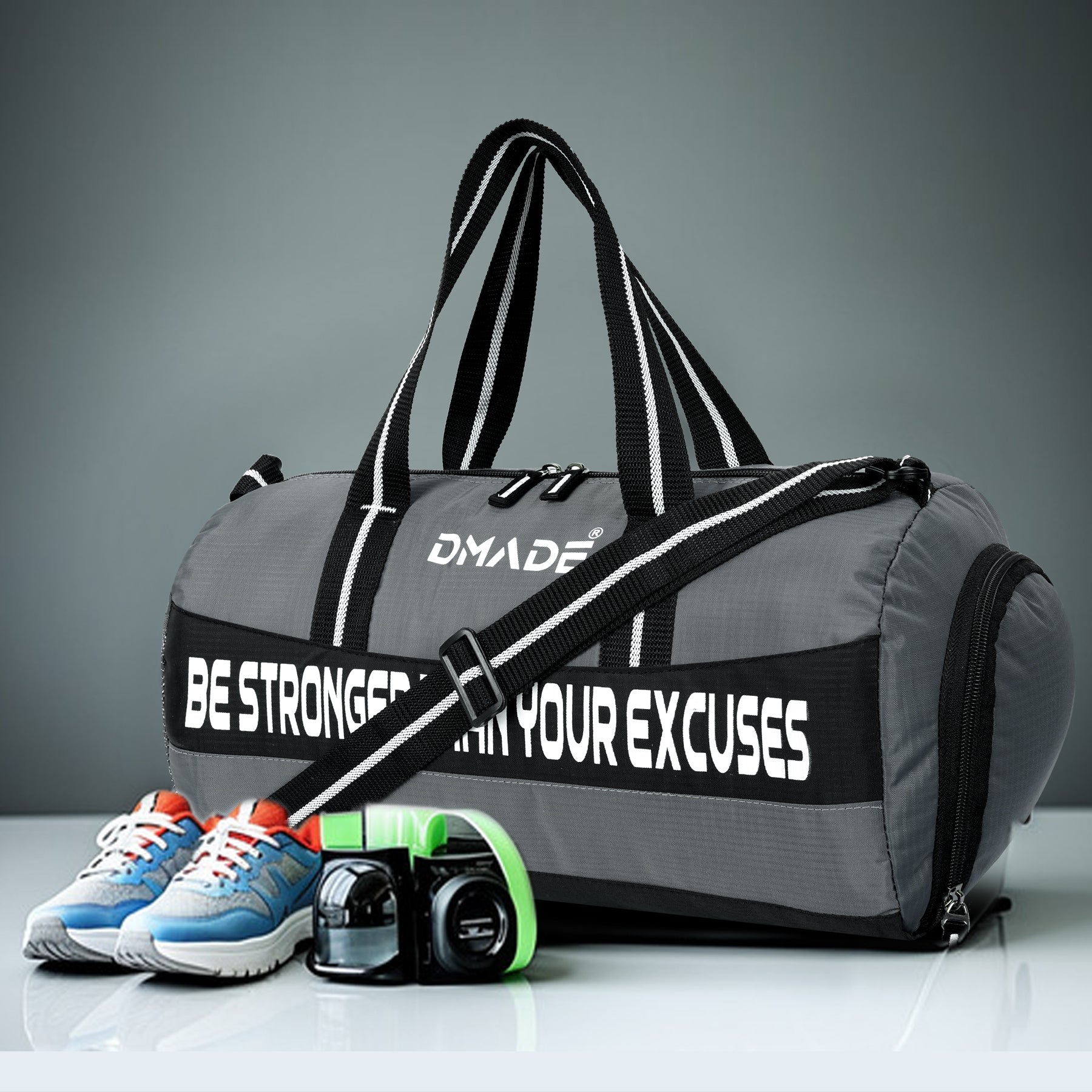 DMADE Grey and Black Fitness Duffel Bag with Shoe Storage & Motivational Print for Men & Women