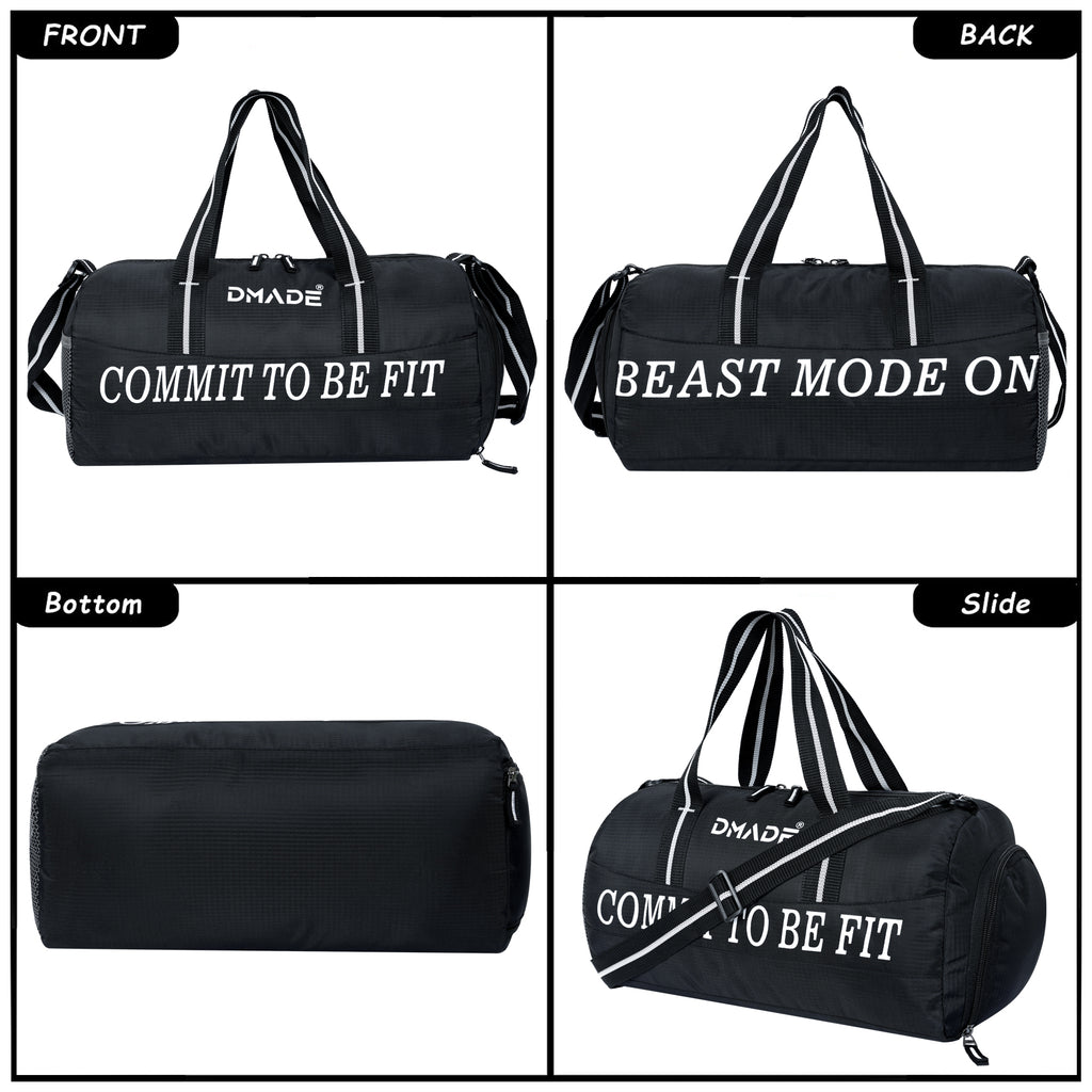 DMADE Black Gym Bag with Motivational Quotes & Separate Shoe Compartment