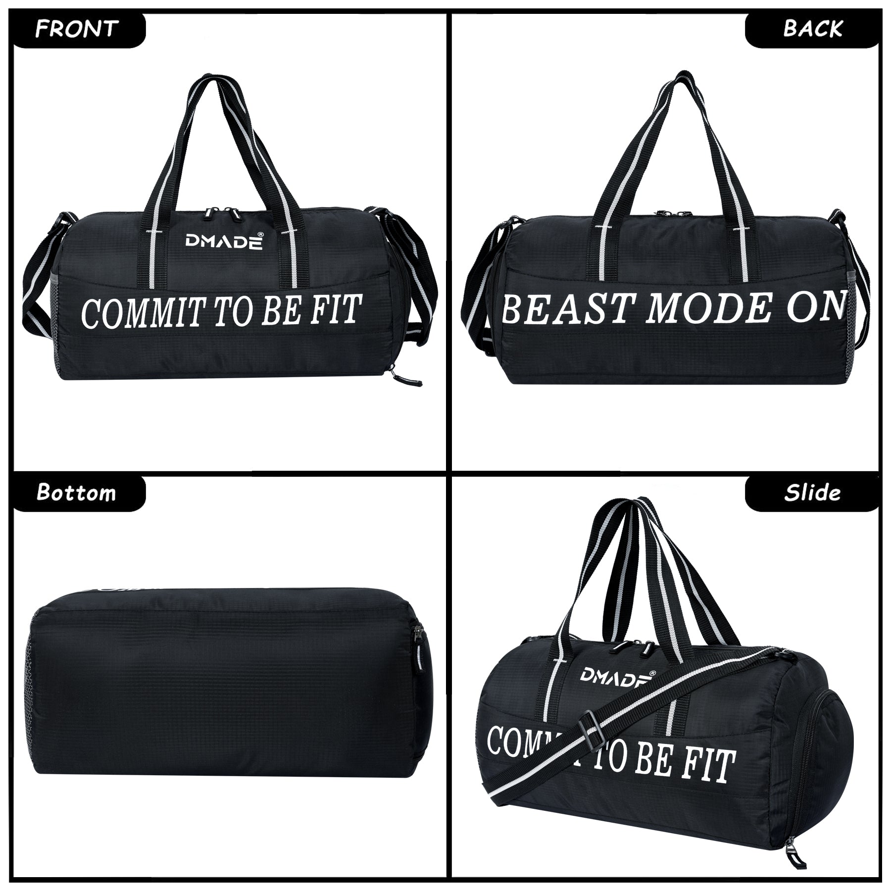 DMADE Black Gym Bag with Motivational Quotes & Separate Shoe Compartment