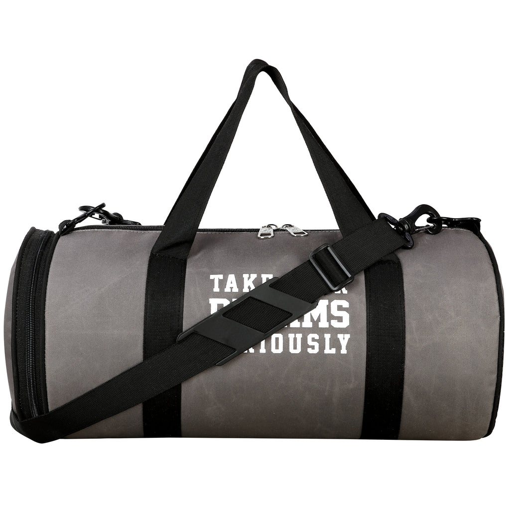 DMADE Grey and Black Fitness Duffel Bag with Shoe Storage & Motivational Print for Men & Women