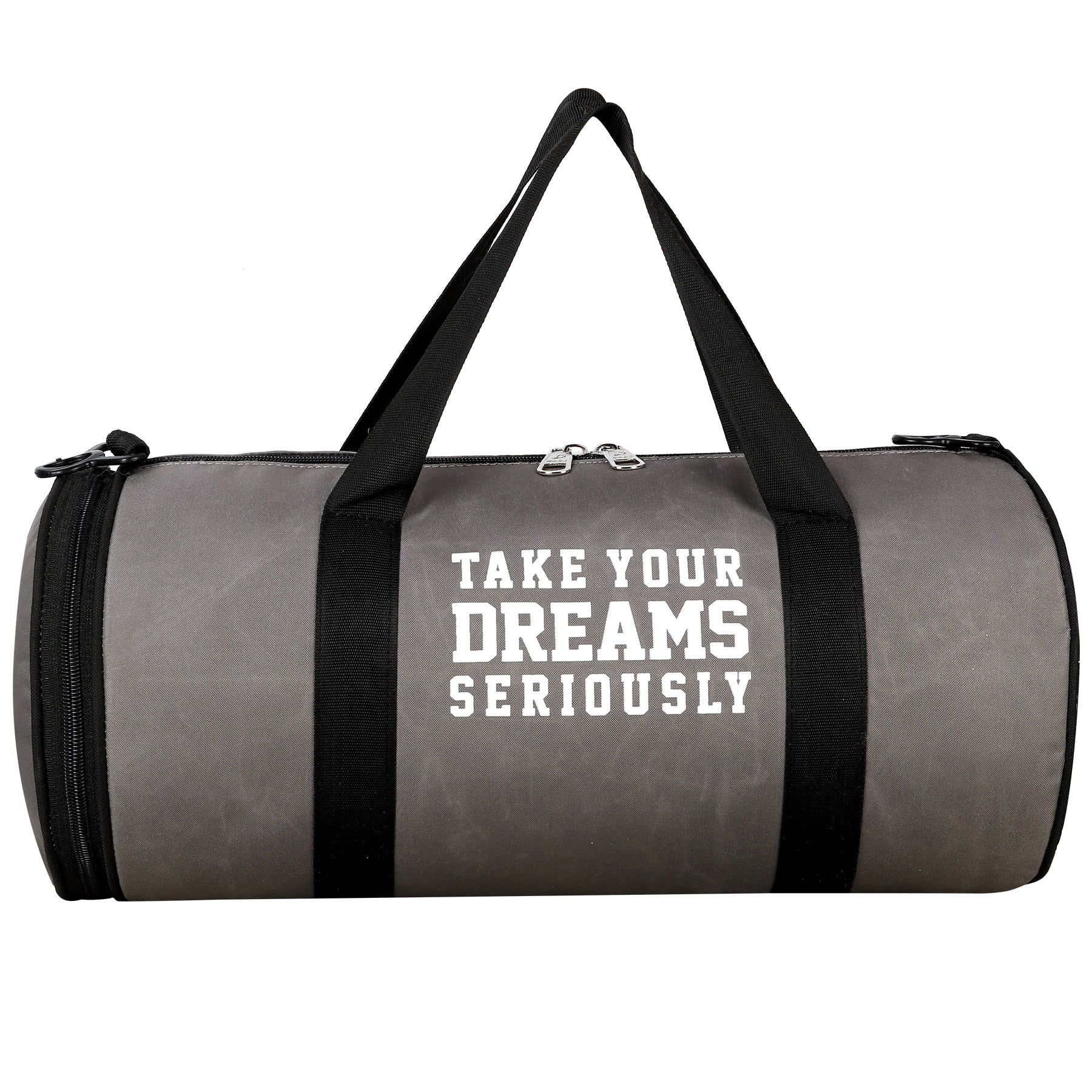 DMADE Grey and Black Fitness Duffel Bag with Shoe Storage & Motivational Print for Men & Women