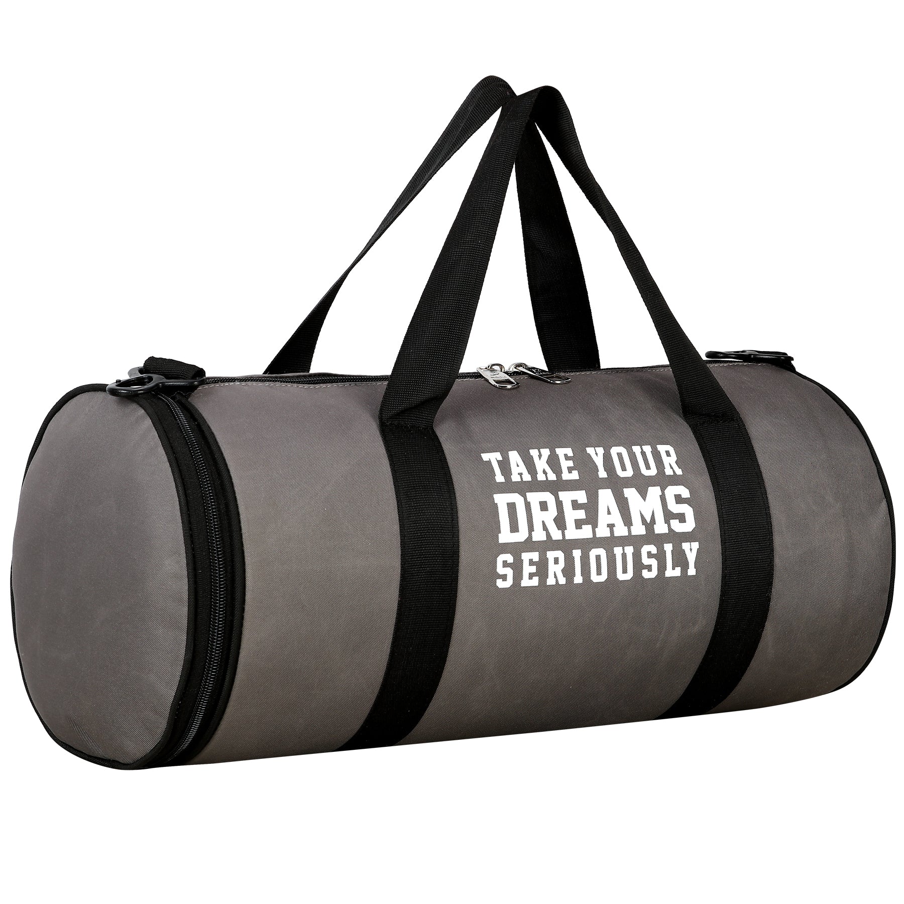 DMADE Grey and Black Fitness Duffel Bag with Shoe Storage & Motivational Print for Men & Women