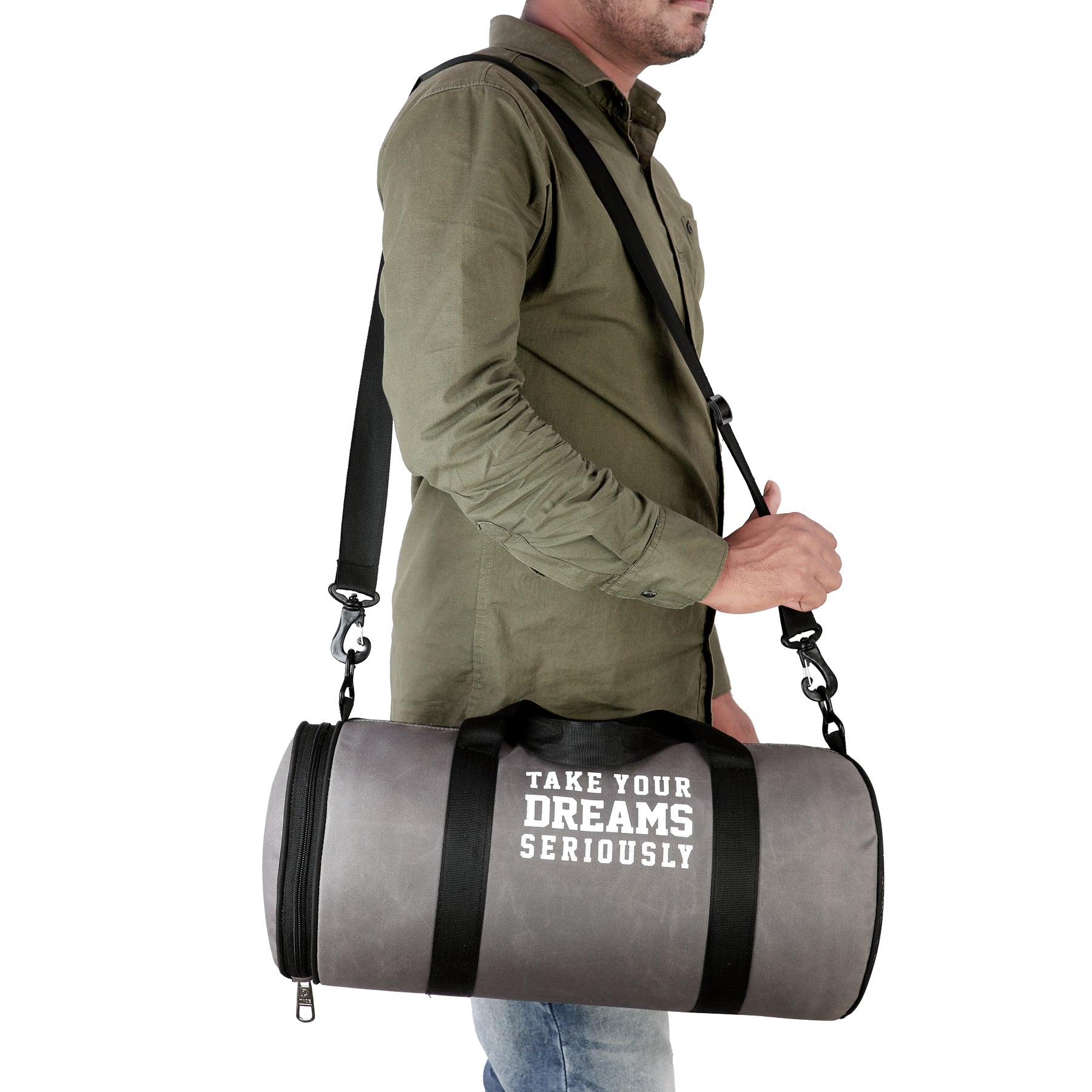 DMADE Grey and Black Fitness Duffel Bag with Shoe Storage & Motivational Print for Men & Women