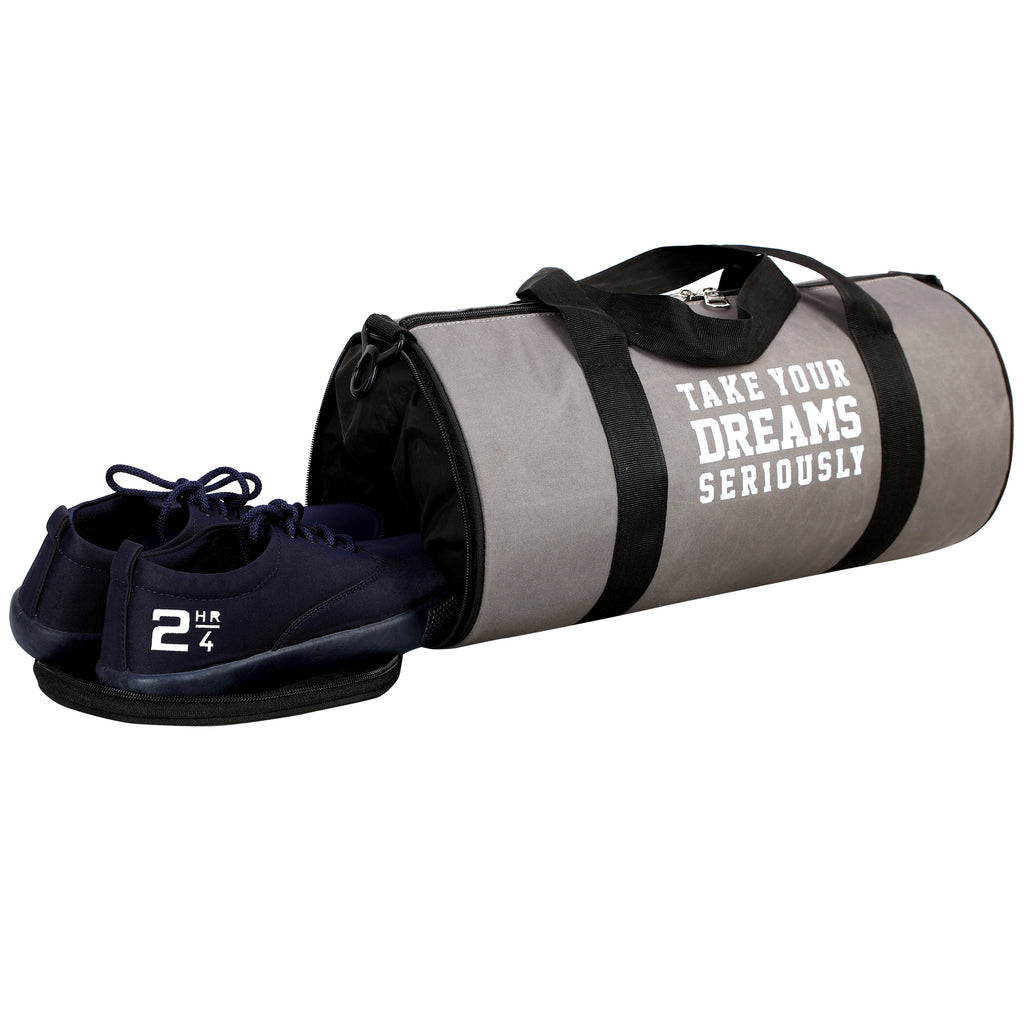 DMADE Grey and Black Fitness Duffel Bag with Shoe Storage & Motivational Print for Men & Women