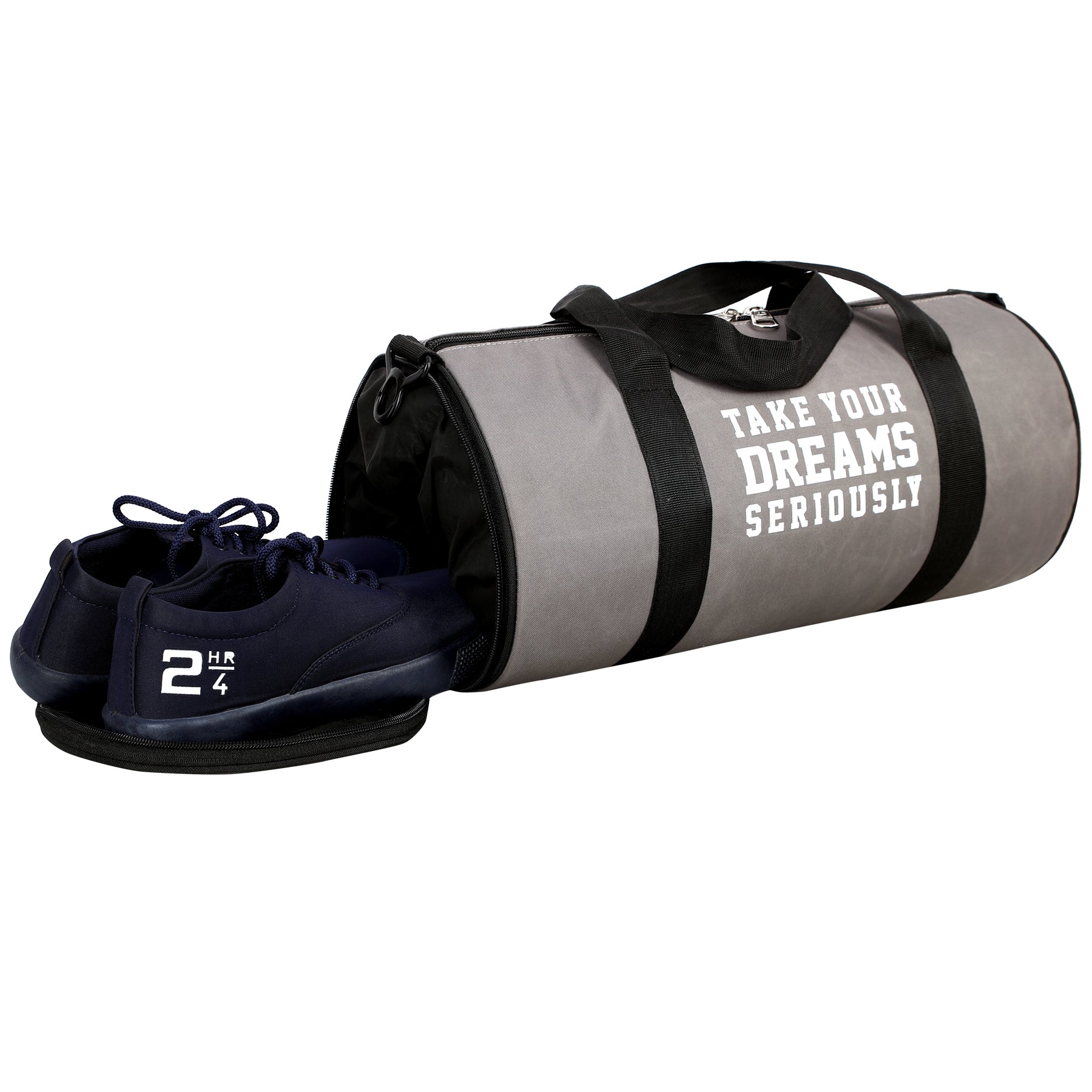 DMADE Grey and Black Fitness Duffel Bag with Shoe Storage & Motivational Print for Men & Women