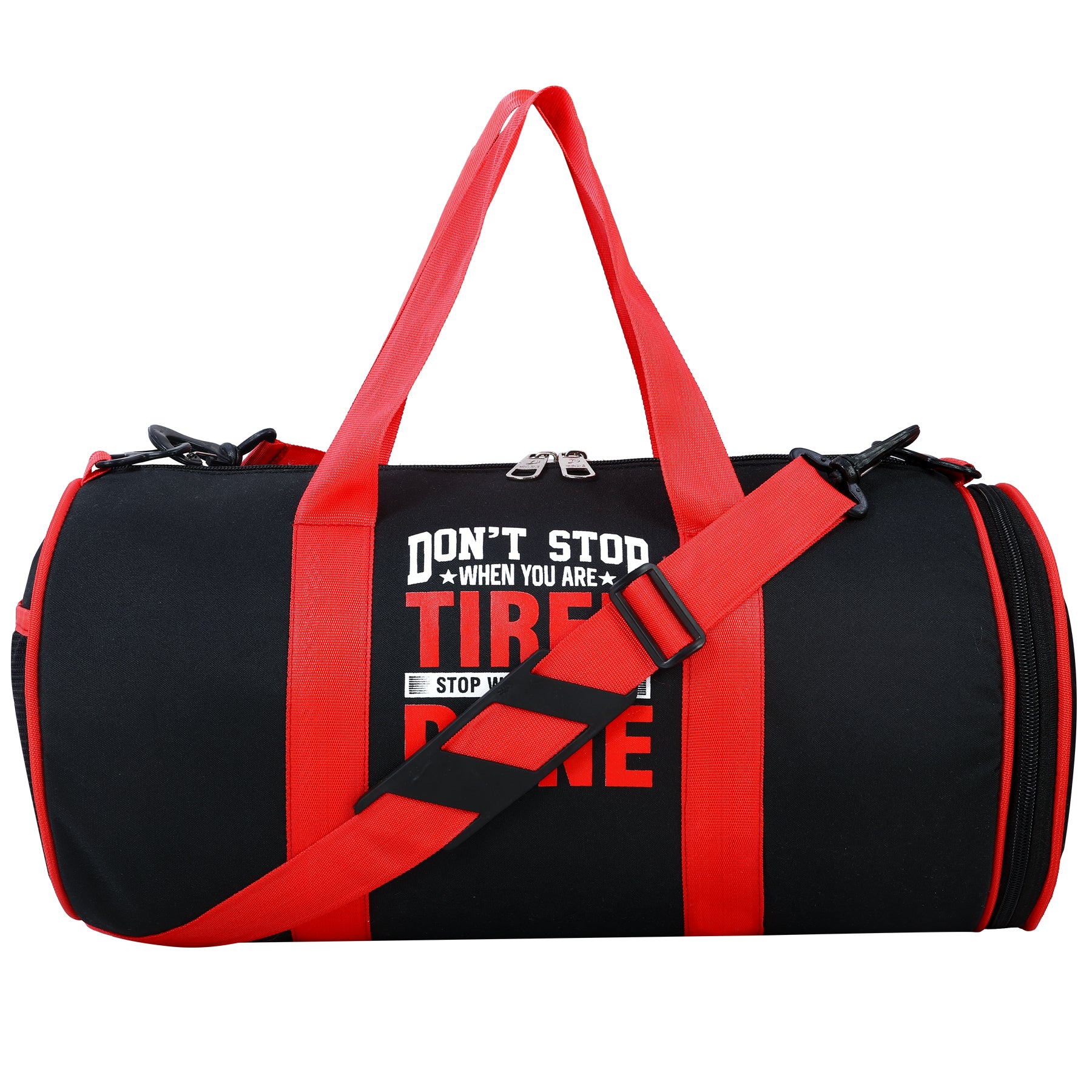 DMADE Black and Red Fitness Duffel Bag with Shoe Storage & Motivational Print for Men & Women