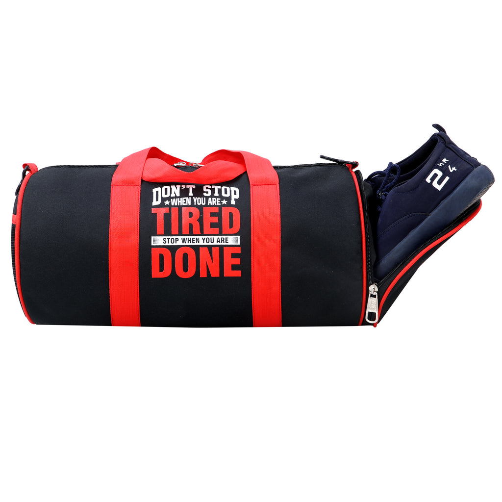 DMADE Black and Red Fitness Duffel Bag with Shoe Storage & Motivational Print for Men & Women