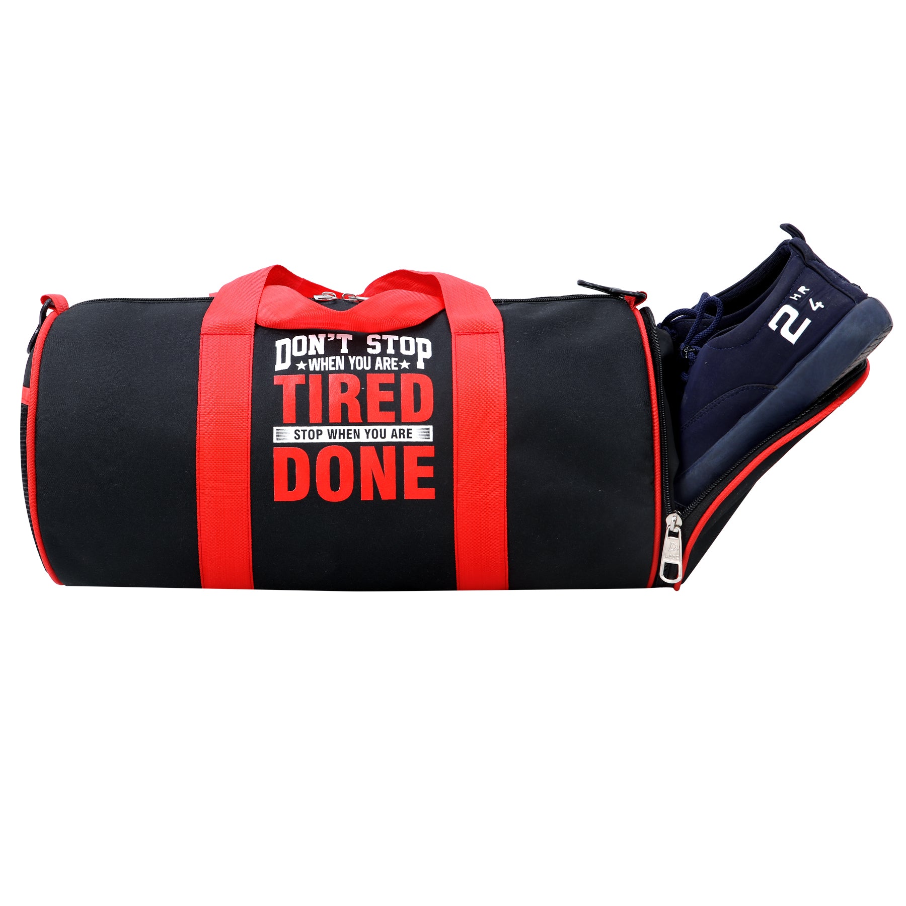 DMADE Black and Red Fitness Duffel Bag with Shoe Storage & Motivational Print for Men & Women