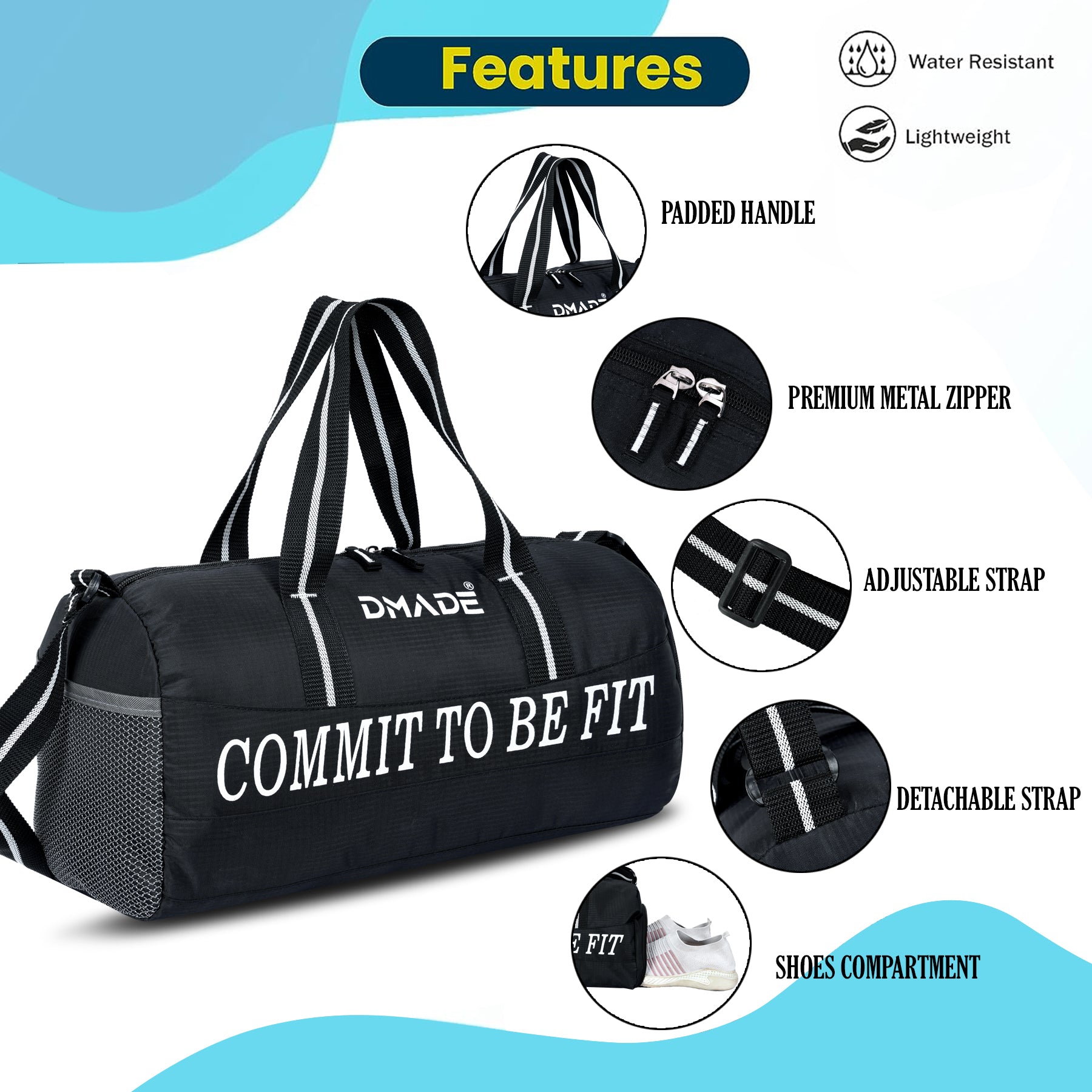 DMADE Black Gym Bag with Motivational Quotes & Separate Shoe Compartment