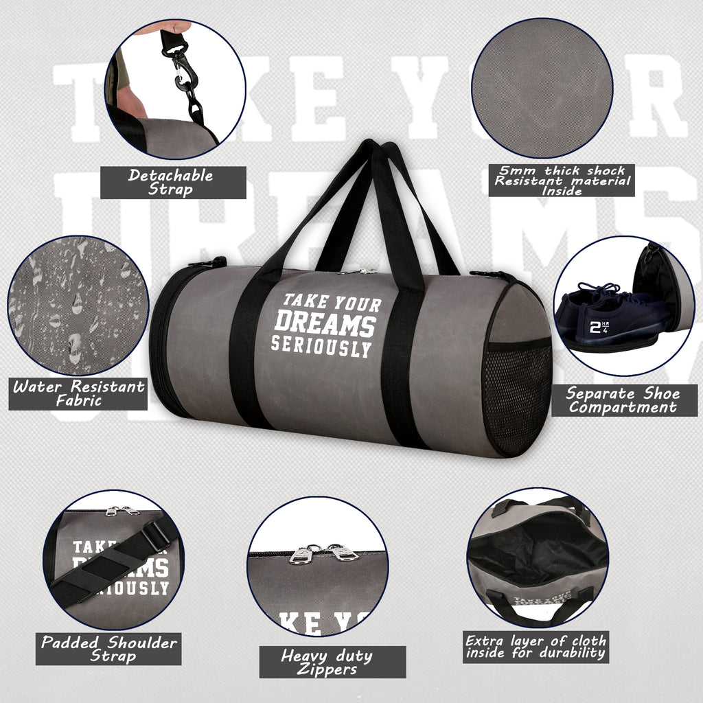 DMADE Grey and Black Fitness Duffel Bag with Shoe Storage & Motivational Print for Men & Women