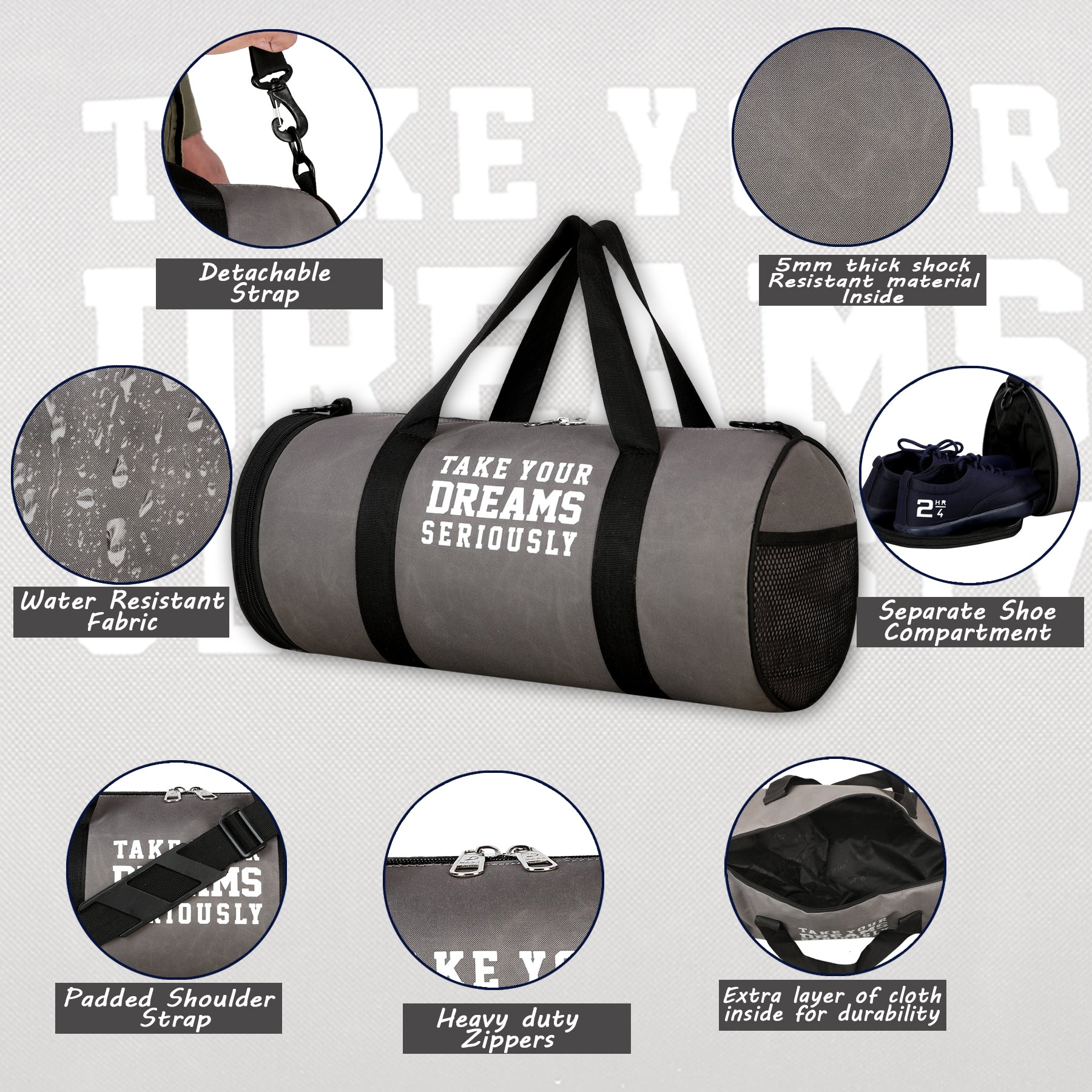 DMADE Grey and Black Fitness Duffel Bag with Shoe Storage & Motivational Print for Men & Women