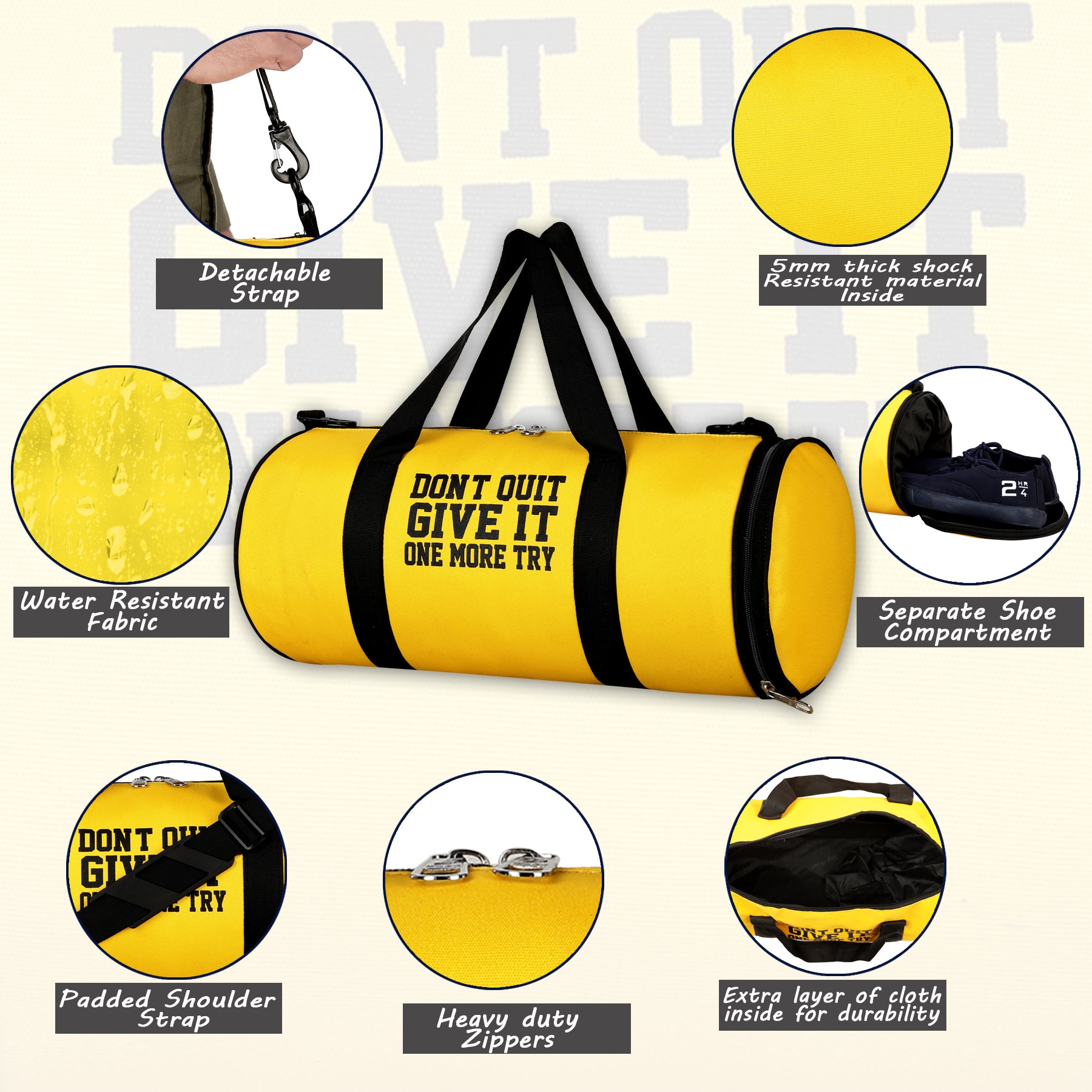 DMADE Yellow and Black Fitness Duffel Bag with Shoe Storage & Motivational Print for Men & Women