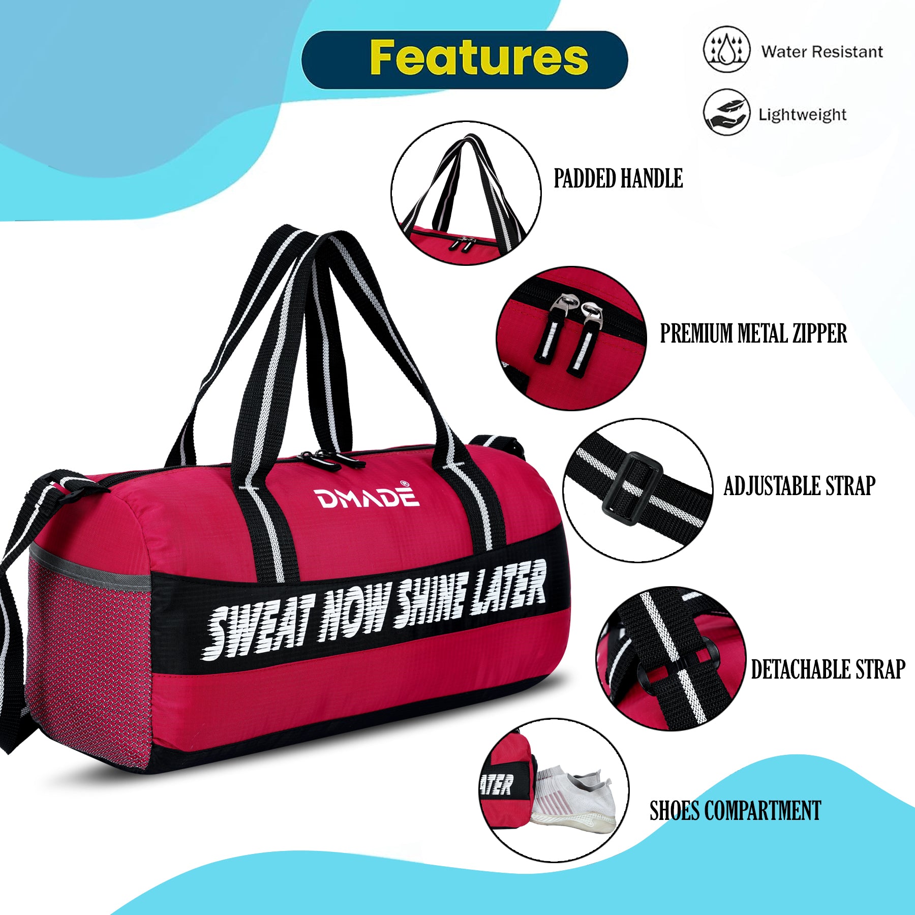 DMADE Red and Black Fitness Duffel Bag with Shoe Storage & Motivational Print for Men & Women