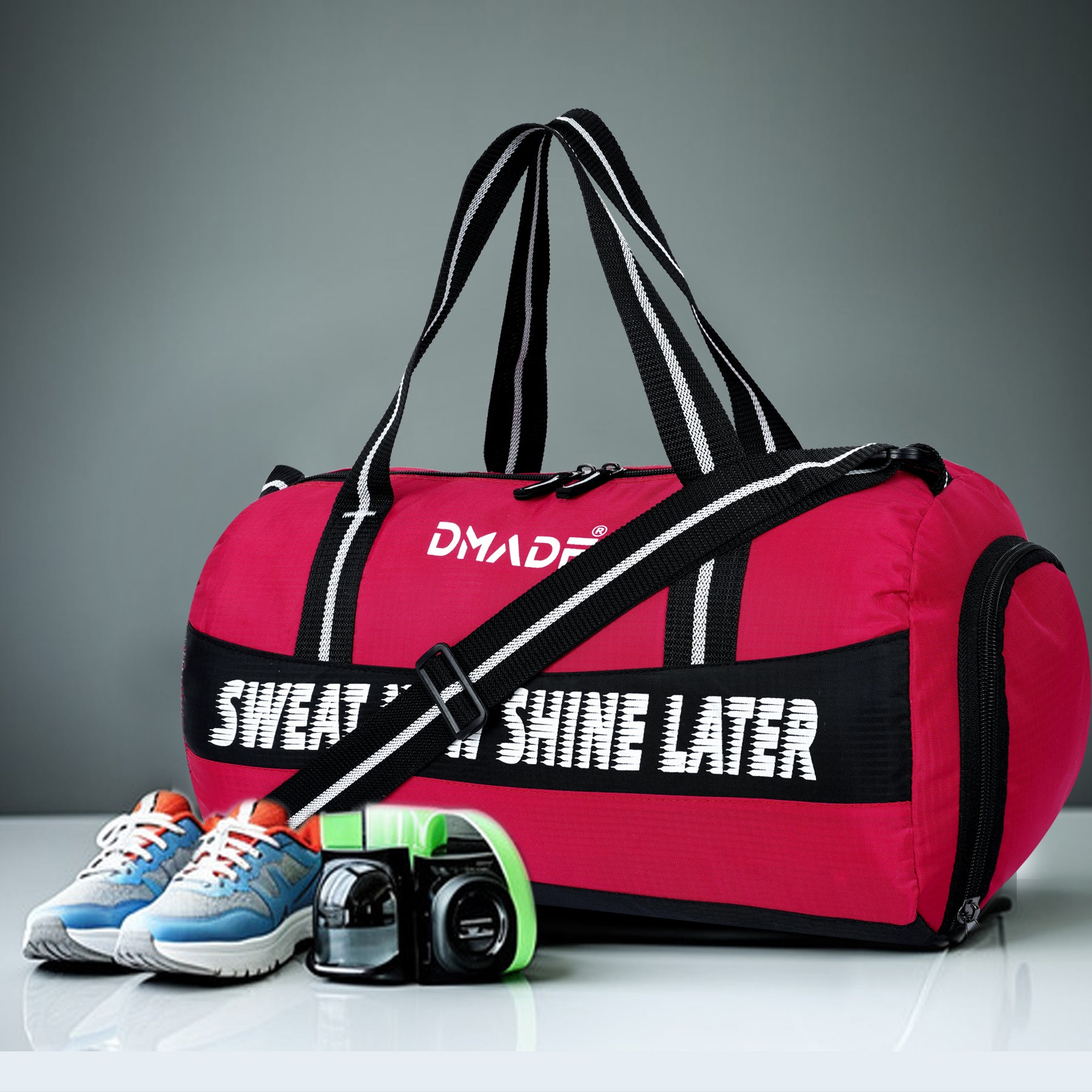 DMADE Red and Black Fitness Duffel Bag with Shoe Storage & Motivational Print for Men & Women