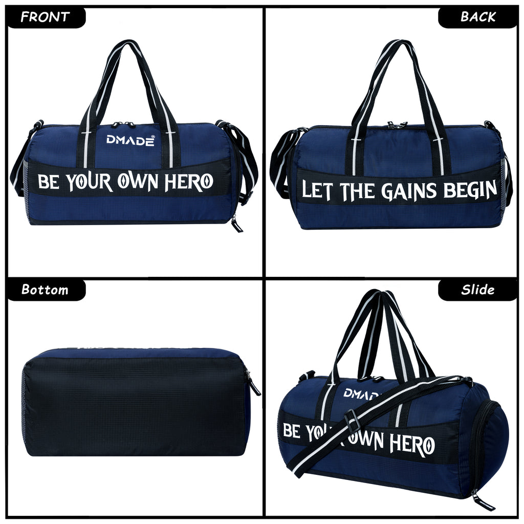 DMADE Blue Gym Bag with Motivational Quotes & Separate Shoe Compartment
