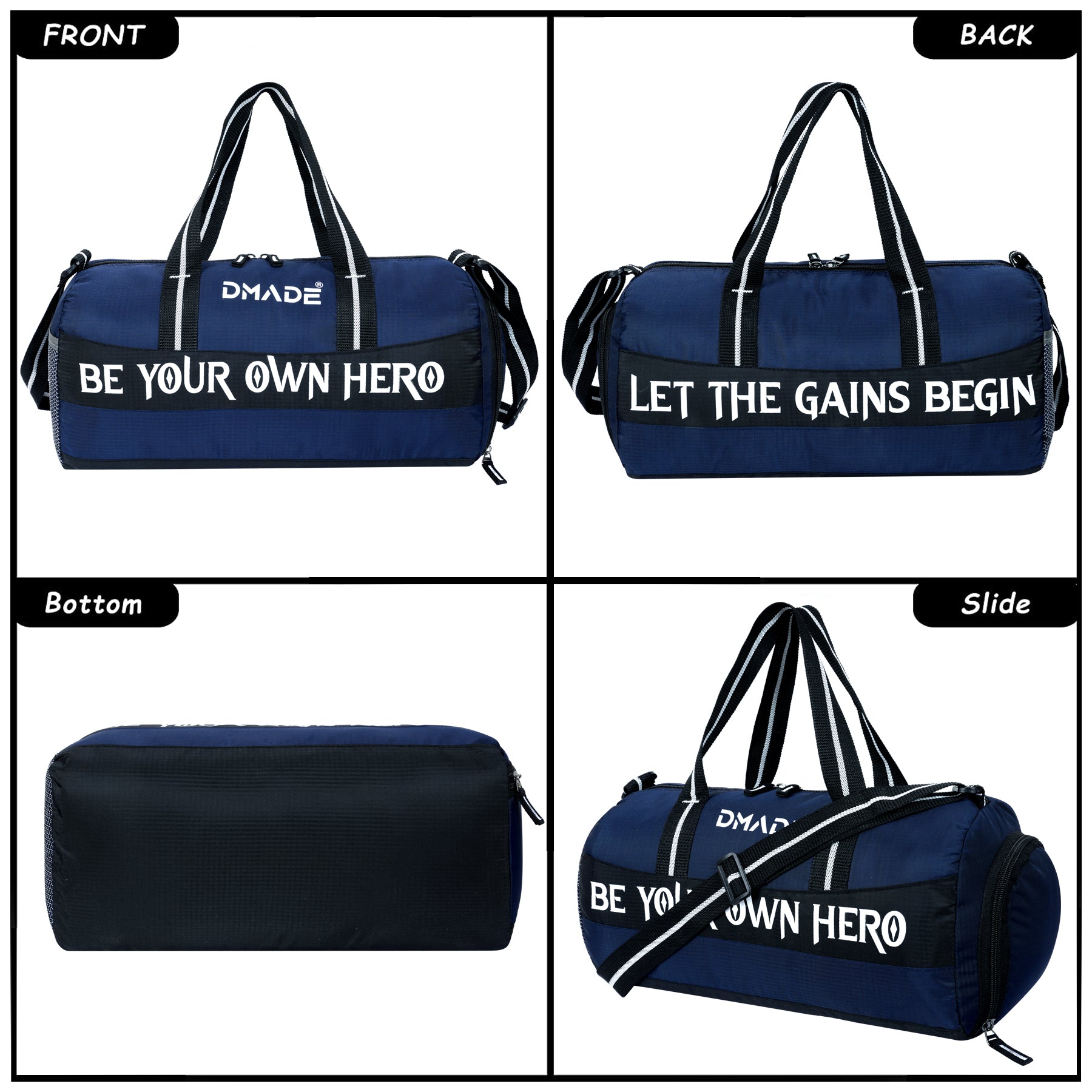 DMADE Blue Gym Bag with Motivational Quotes & Separate Shoe Compartment