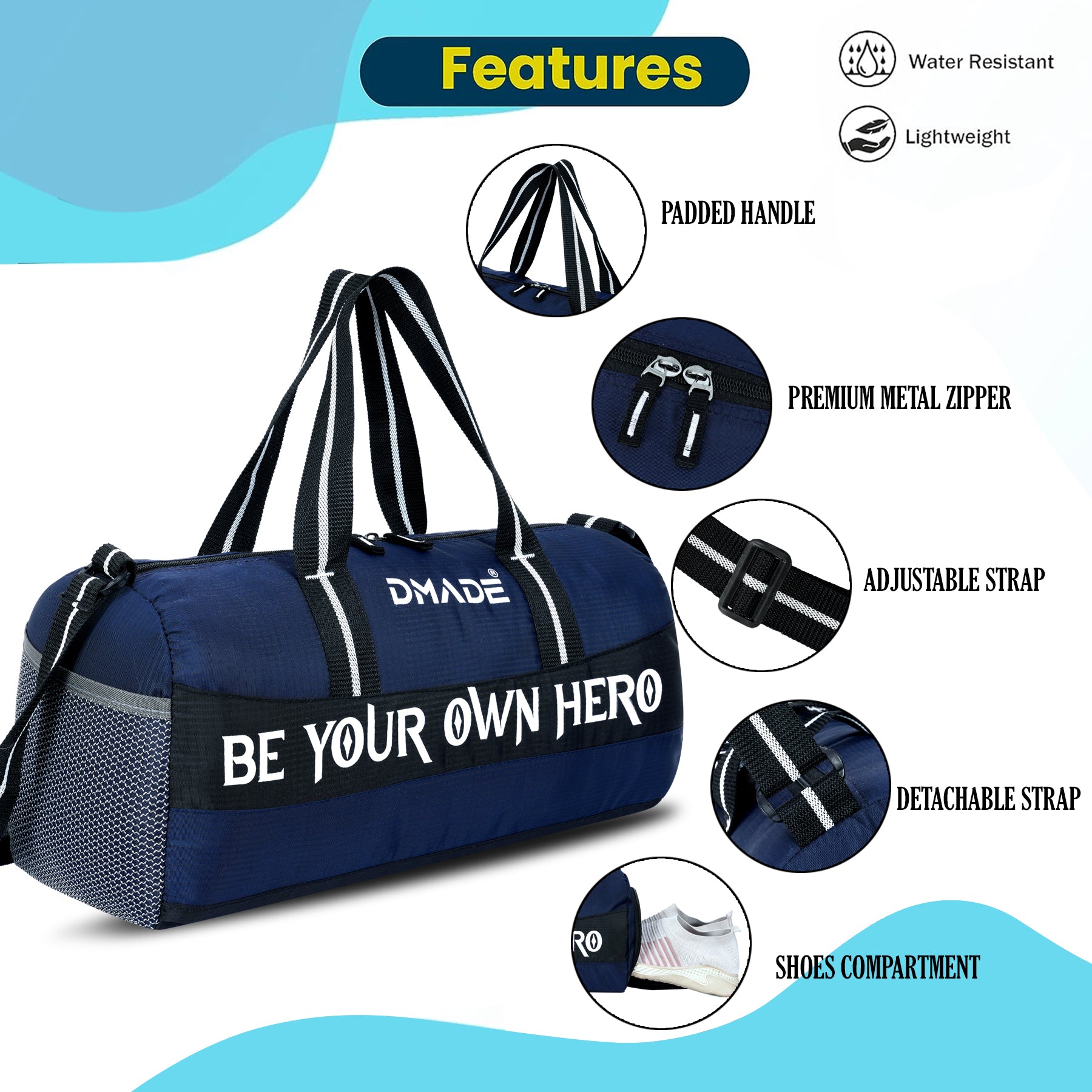DMADE Blue Gym Bag with Motivational Quotes & Separate Shoe Compartment
