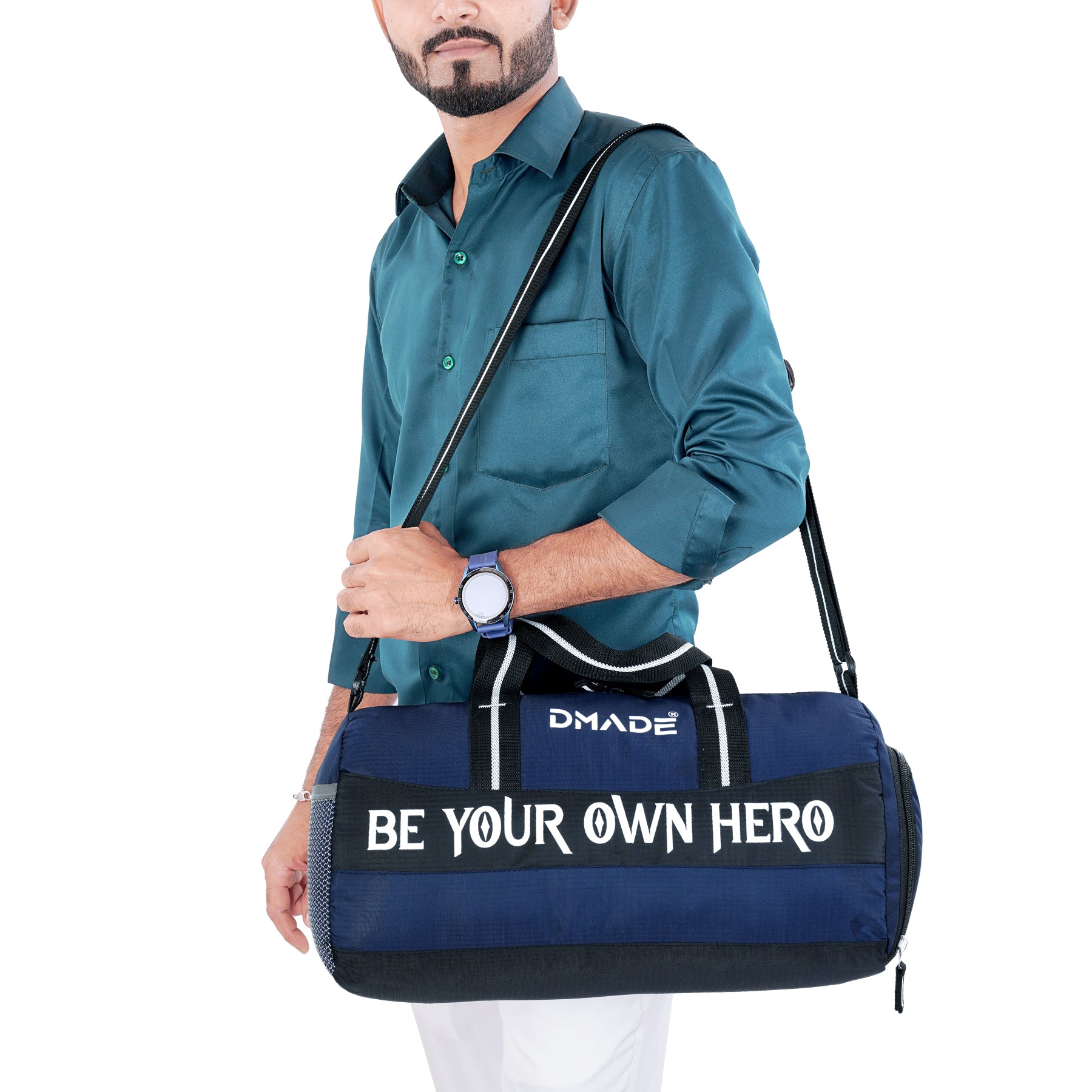DMADE Blue Gym Bag with Motivational Quotes & Separate Shoe Compartment