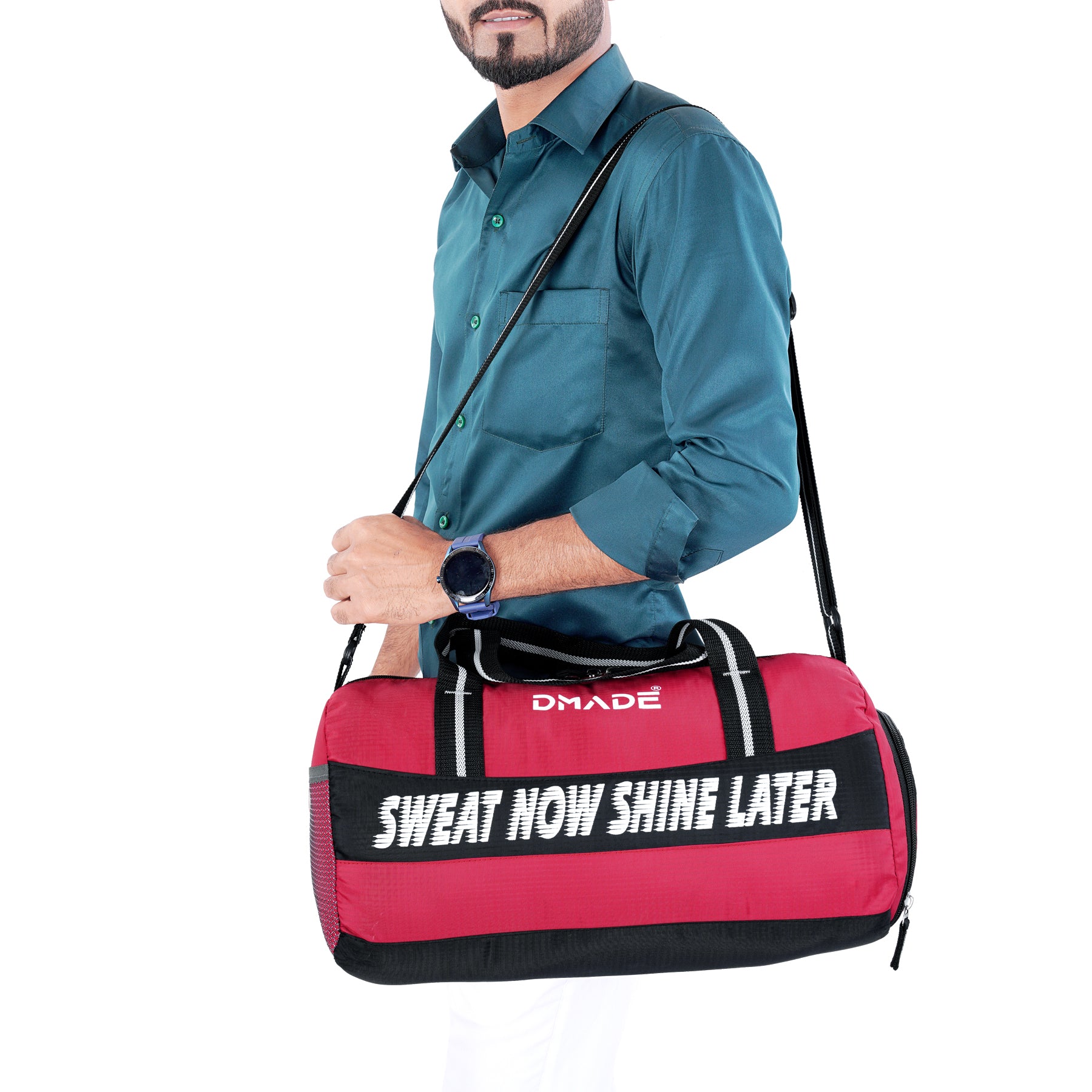 DMADE Red and Black Fitness Duffel Bag with Shoe Storage & Motivational Print for Men & Women