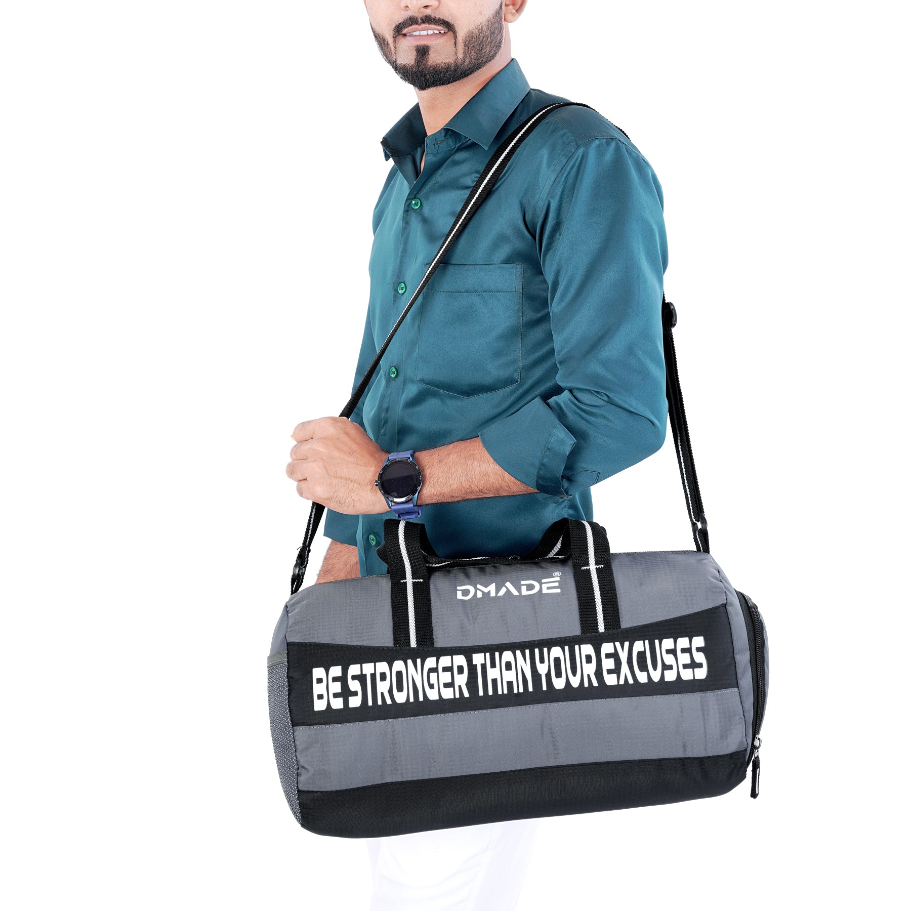 DMADE Grey and Black Fitness Duffel Bag with Shoe Storage & Motivational Print for Men & Women
