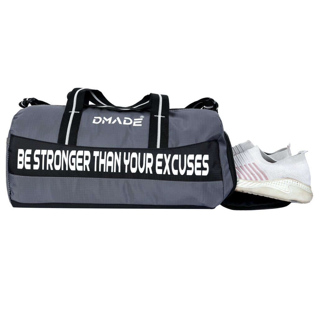 DMADE Grey and Black Fitness Duffel Bag with Shoe Storage & Motivational Print for Men & Women