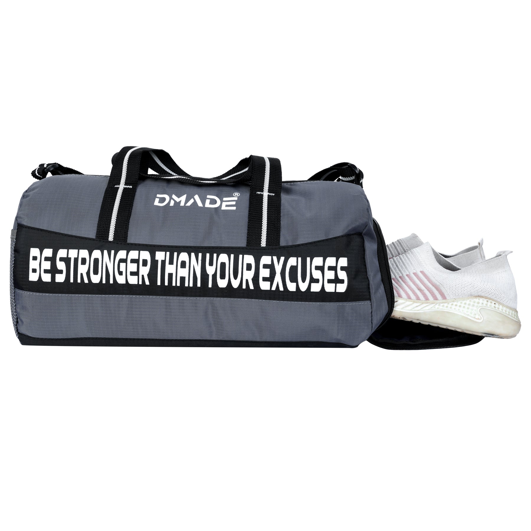 DMADE Grey and Black Fitness Duffel Bag with Shoe Storage & Motivational Print for Men & Women