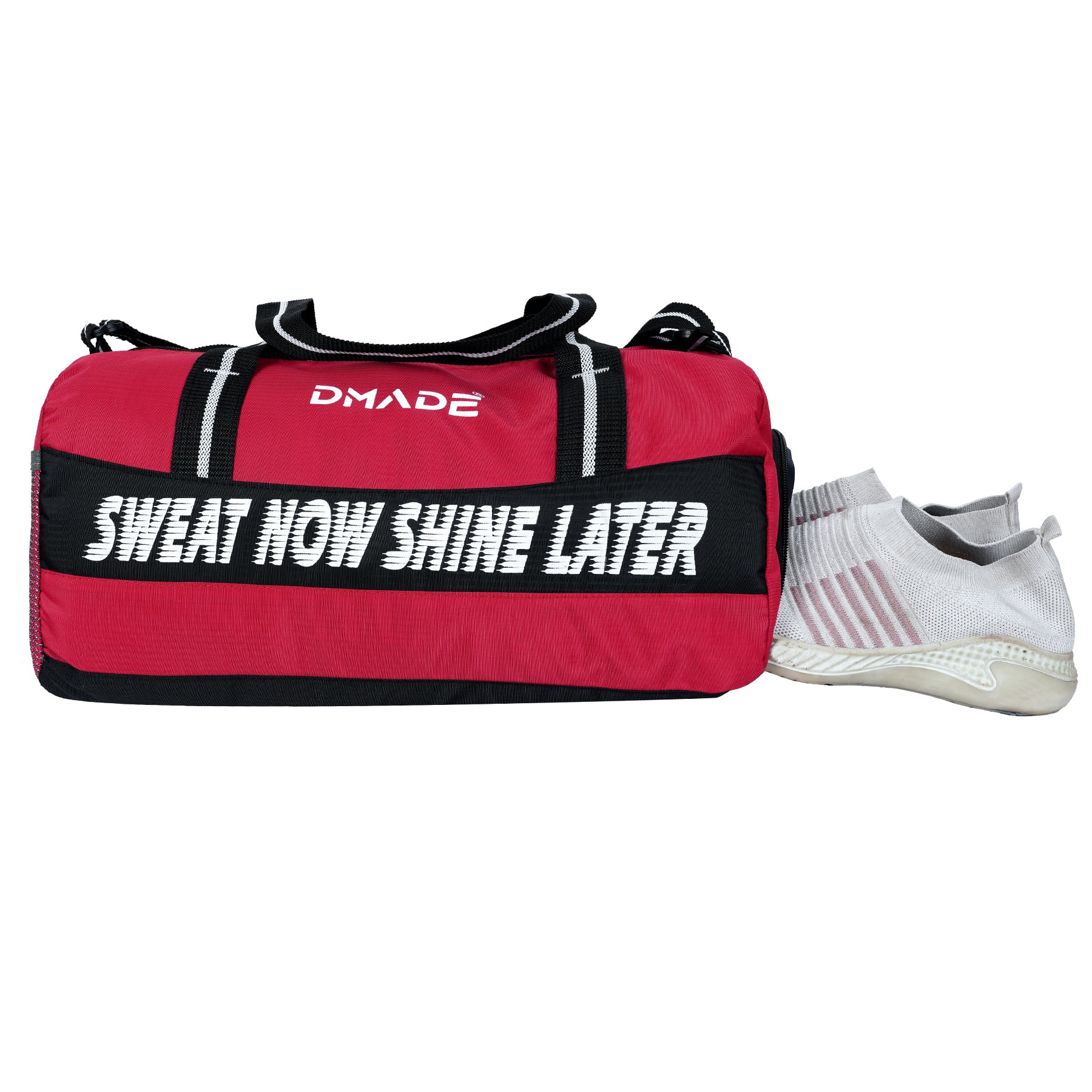 DMADE Red and Black Fitness Duffel Bag with Shoe Storage & Motivational Print for Men & Women
