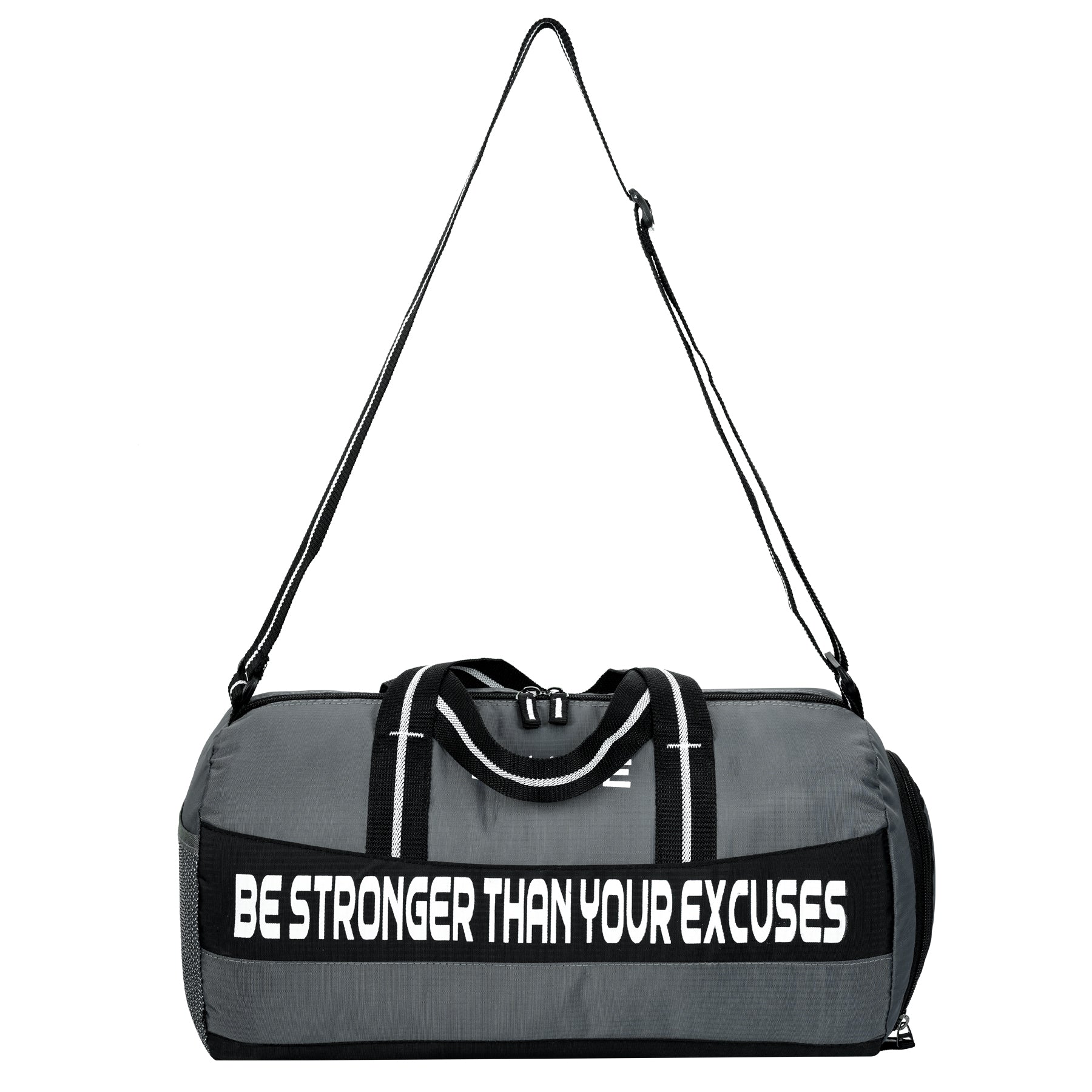 DMADE Grey and Black Fitness Duffel Bag with Shoe Storage & Motivational Print for Men & Women