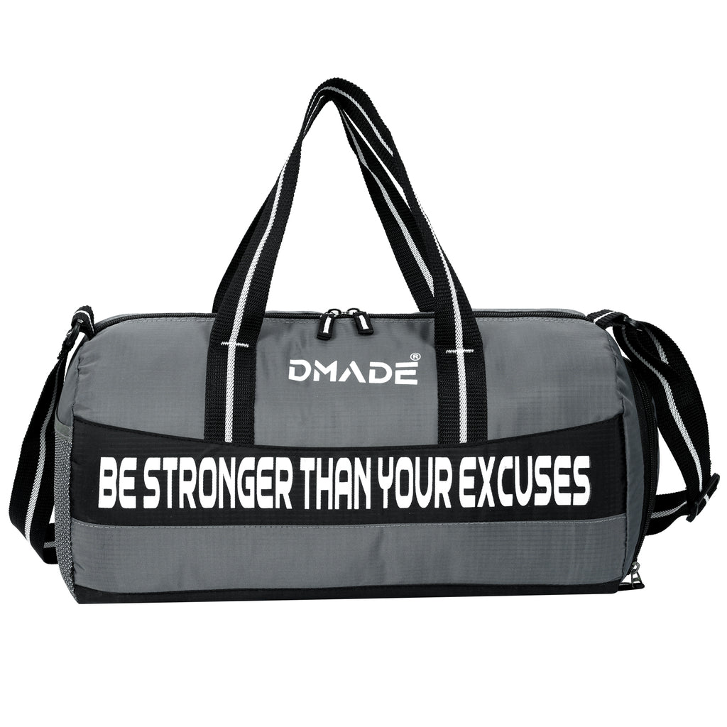 DMADE Grey and Black Fitness Duffel Bag with Shoe Storage & Motivational Print for Men & Women