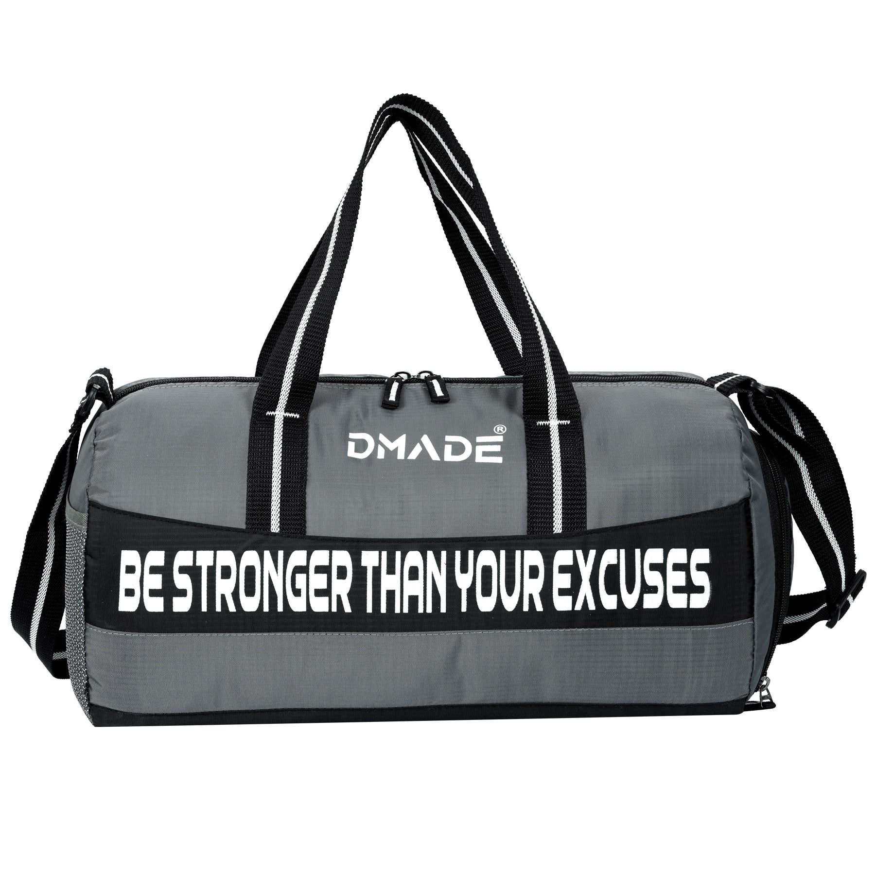 DMADE Grey and Black Fitness Duffel Bag with Shoe Storage & Motivational Print for Men & Women