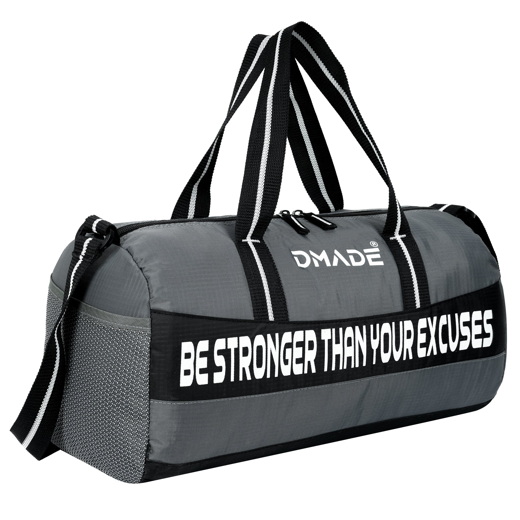 DMADE Grey and Black Fitness Duffel Bag with Shoe Storage & Motivational Print for Men & Women