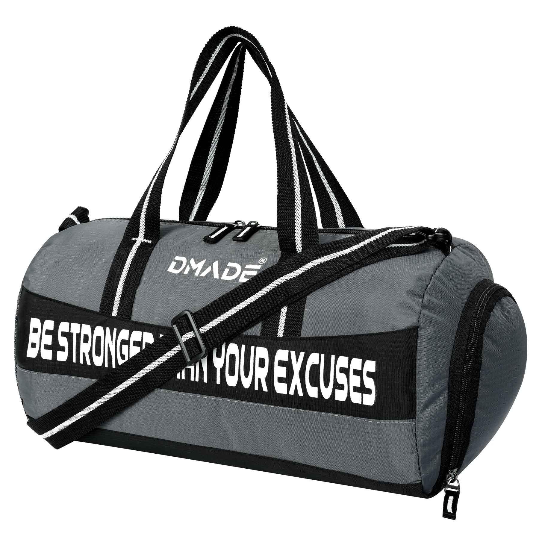 DMADE Grey and Black Fitness Duffel Bag with Shoe Storage & Motivational Print for Men & Women