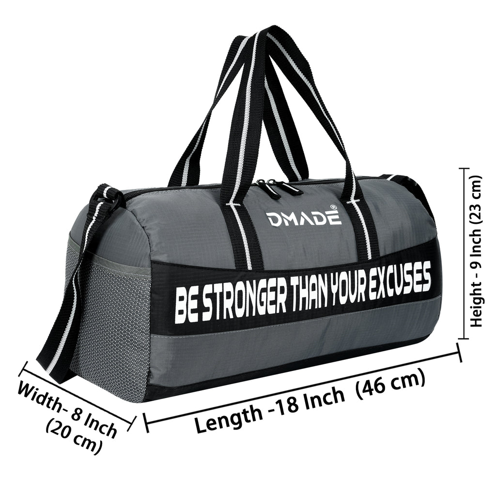 DMADE Grey and Black Fitness Duffel Bag with Shoe Storage & Motivational Print for Men & Women