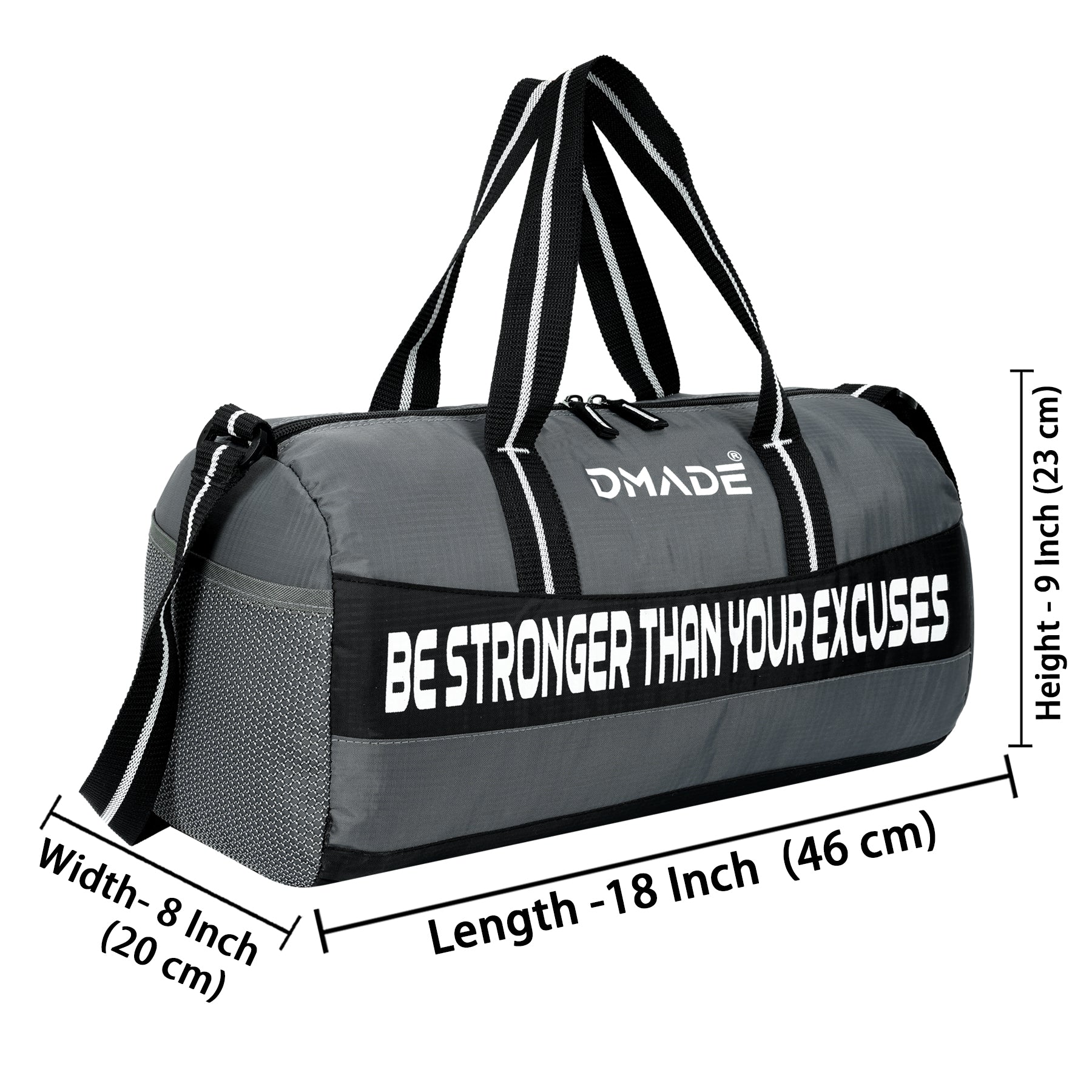 DMADE Grey and Black Fitness Duffel Bag with Shoe Storage & Motivational Print for Men & Women